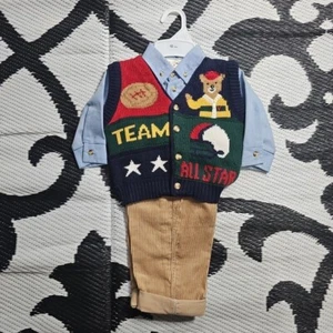 Vtg B.T. Kids Infant Boy Sports 3pc Sweater Shirt Corduroy Pants Outfit 12 Month - Picture 1 of 6