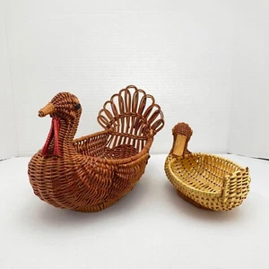 Vintage Woven Wicker Turkey Basket & Duck Basket Turkey Duck Planter_Lot of 2 - Picture 1 of 12