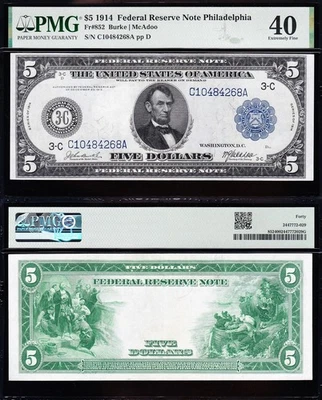 AWESOME Crisp HIGH GRADE 1914 $5 PHILADELPHIA FRN Note! PMG 40! FREE SHIP! 84268 - Image 1 of 3