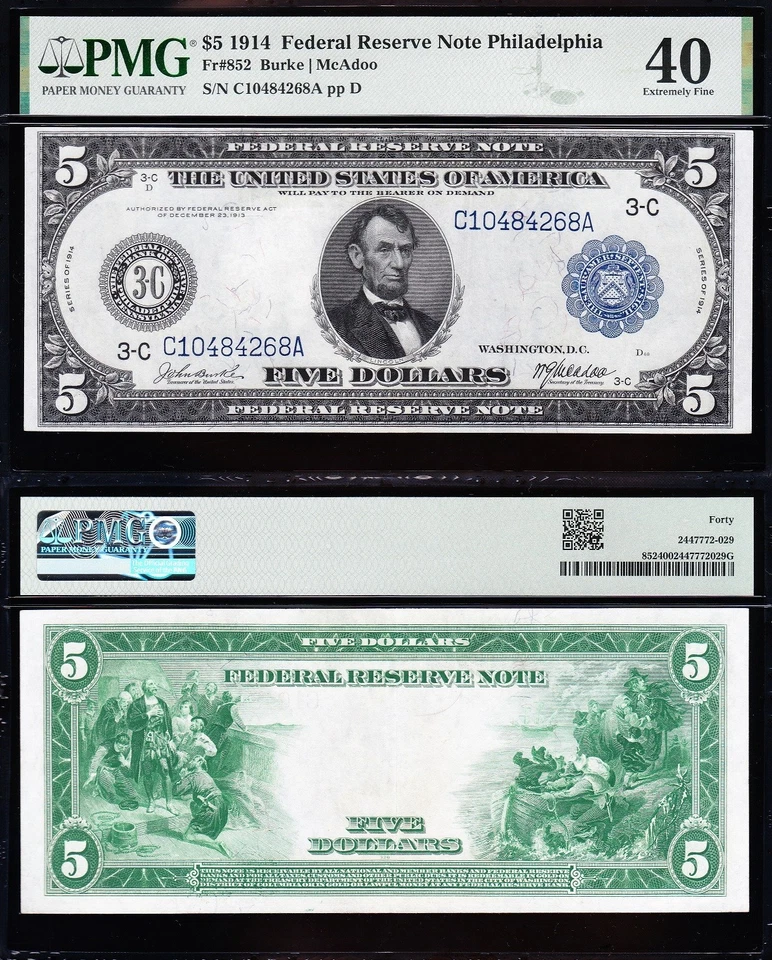 AWESOME Crisp HIGH GRADE 1914 $5 PHILADELPHIA FRN Note! PMG 40! FREE SHIP! 84268 - Image 1 of 3