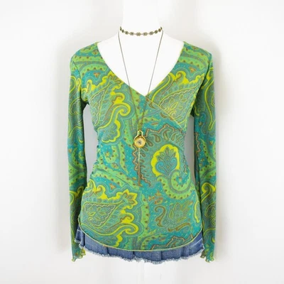 VTG 00s Y2K Weston Wear Green Floral Paisley Sheer Mesh V-Neck Wrap Top Sz S - Image 1 of 4