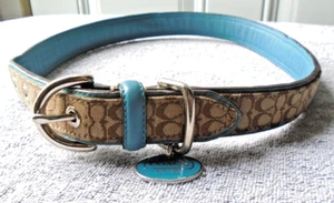 COACH BLUE LEATHER BROWN JACQUARD SIGNATURE C DOG PET COLLAR 4003 SZ EXTRA LARGE - Picture 1 of 17