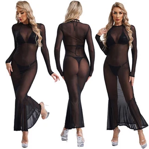 Womens Cover-up Tights Dress Ladies See Through Round Neck Clubwear Mesh Sheer - Picture 1 of 25
