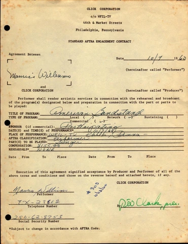 MAURICE WILLIAMS ZODIACS LEAD AUTOGRAPHED AMERICAN BANDSTAND CONTRACT/DICK CLARK Cover