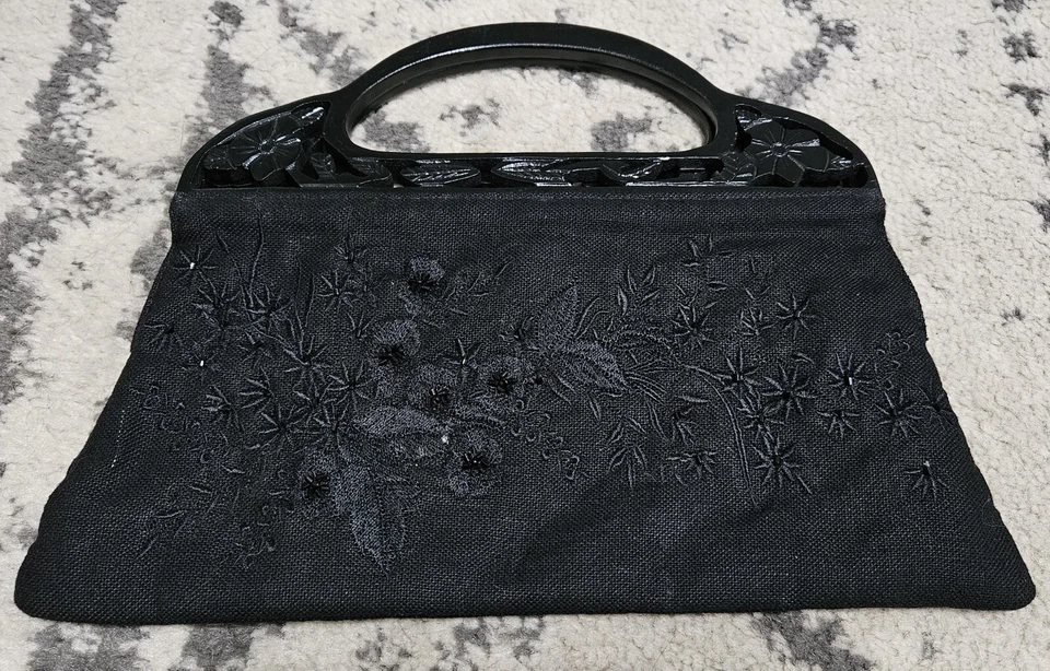 The Limited 1950s Style Black Linen Floral Handbag With Wooden Handles - Image 1 of 3
