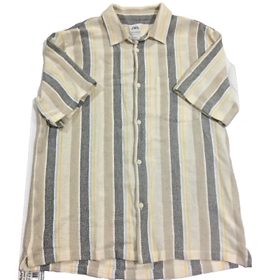 Zara Shirt Men's XLarge White Blue Yellow Striped textured Knit Pocket Collared - Image 1 of 4