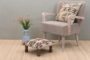 Handcrafted Acacia Wooden Footstool | Low Kilim Upholstered Footstool Ottoman | - Picture 1 of 5