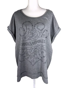 Rock & Republic 2X Plus Embellished Heather Gray Roses Barbed Wire Terry Shirt - Picture 1 of 3