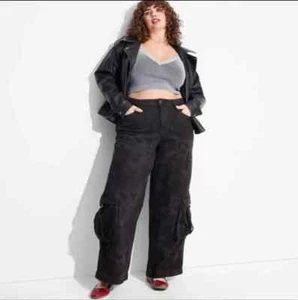 Women's Mid-Rise Wide Leg Cargo Baggy Pants - Wild Fable Black Camo 10/31" - Picture 1 of 1