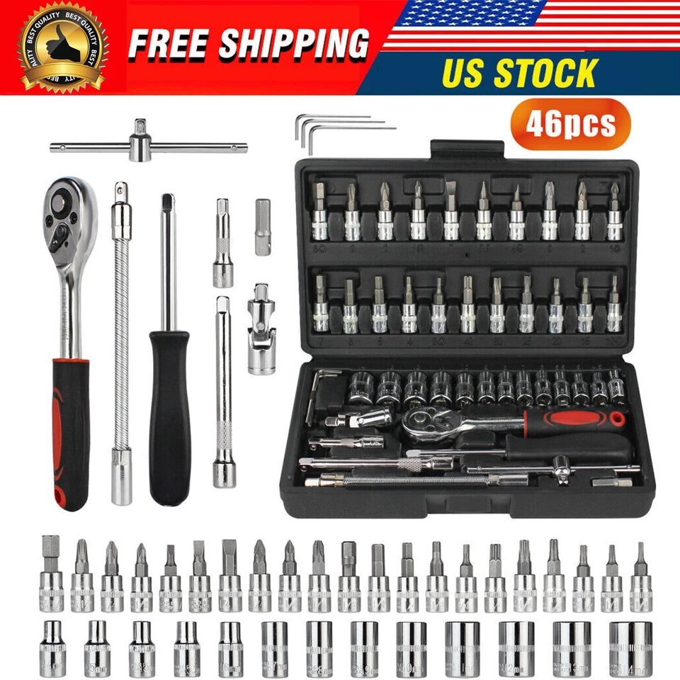 46PCS Socket Ratchet Wrench Set Metric Sae Spanner Car Repair Tool Kit 1/4"Drive - Image 1 of 4