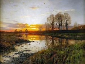 sunset meadow river by P. Monsted Tile Mural Kitchen Backsplash Marble Ceramic - Picture 1 of 7