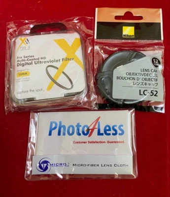 Nikon LC-52 52mm Lens Cap + Xit 52mm UV Filter + Micro-Fiber Lens Cloth Bundle - Image 1 of 2