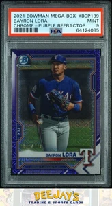 Bowman Mega Box 2021 cromo #BCP139 Bayron Lora refractor cromo-púrpura PSA 9 - Imagen 1 de 2