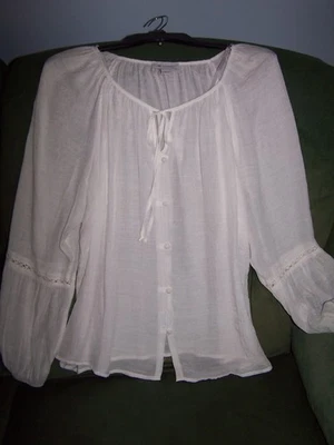 NEW AB Studio Sheer White Long Sleeve Button Down Blouse Size XL Pretty Trimming - Image 1 of 4