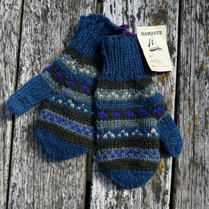 NWT Namaste Ganesh Himal Trading Co Hand Knit Mittens Gloves Peru Blue Wool - Picture 1 of 1