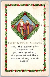 Vintage Weihnachtsgrüße Holly Border Wisemen 1910er Postkarte - Bild 1 von 2