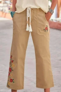 Sundance Boho Crop Pants Size 4 Primrose Bloom Embroider Rope Belt Casual Pocket - Picture 1 of 8