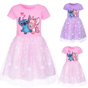 Kids Baby Girls Lilo & Stitch Dress Summer Short Sleeve Birthday Party Dress - Picture 1 of 9