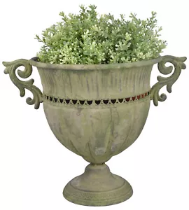 Aged French Vintage Style Metal Round Urn Garden Planter Flower Pot Vase Green  - Picture 1 of 2