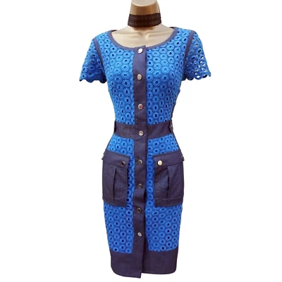 10 UK Karen Millen Vintage Blue Denim Lace Trench Safari Pencil Dress - Image 1 of 4