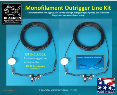 BLACKFINMFG Outrigger Line Kit - Two 50 Ft Pre-Rigged 400Lb Monofilament Outrigger Lines