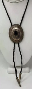 Vintage Classic Elegant Heavy Sterling Silver Concho Black Onyx Ornate Bolo Tie - Picture 1 of 10