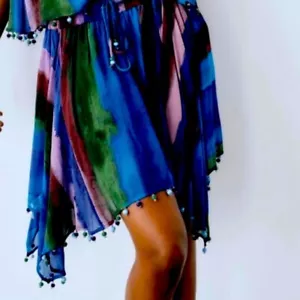 NWT Zara beaded hem Tie Dyed Chiffon Printed Multi Blue Asymmetrical Skirt sizeL - Picture 1 of 7