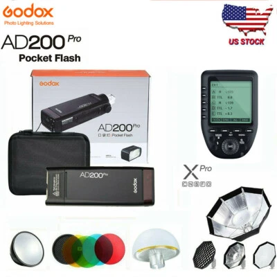 US Godox AD200pro TTL HSS Flash+ Xpro-C/N/S/F/O Trigger+Color Filter+Softbox Kit - Image 1 of 4