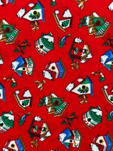 Cranston Print Works Red Christmas Birdhouse Allover Print Cotton Fabric Remnant - Picture 1 of 13