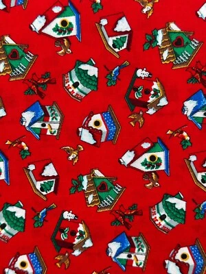 Cranston Print Works Red Christmas Birdhouse Allover Print Cotton Fabric Remnant - Image 1 of 4