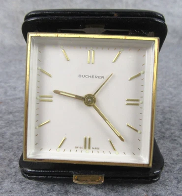 Vintage Bucherer Swiss Movement Folding Travel Alarm Clock in Leather Case - Image 1 of 4