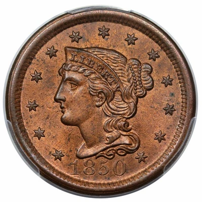1850 Braided Hair Large Cent, N-21, PCGS MS64RB CAC - Image 1 of 3