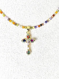 Dainty Cross Pendant Multicolor Gemstone Beaded Necklace Adjustable Chain Choker - Picture 1 of 6