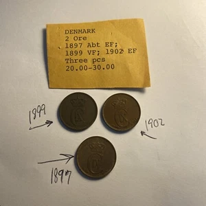 Denmark 2 Ore Coin Collection 3 Coins 1899  1897  1902 - Picture 1 of 12