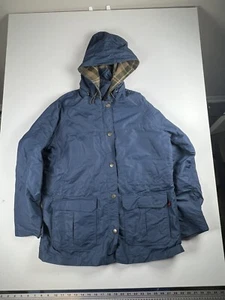 Vintage Woolrich Flannel Wool Lined Rain Jacket Hood Blue Womens Medium - Picture 1 of 5