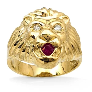 Real 18K Yellow Gold Mens Lion Ring with Diamond Eyes Ruby Mouth Natural or Lab - Picture 1 of 6