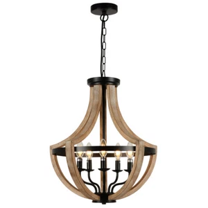 Retro 19" Farmhouse Wood Chandelier Lighting Fixtures Pendant Ceiling Lamp - Picture 1 of 10