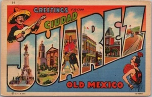 Vintage 1940s "Ciudad JUAREZ" Mexico Large Letter Postcard - Curteich Linen - Picture 1 of 2