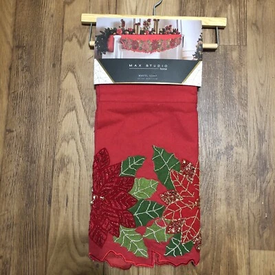 Max Studio Navidad Rojo Abrigo Bufanda 24” x 84” Corredor Cuentas Flores Rojas Foto 1 de 4