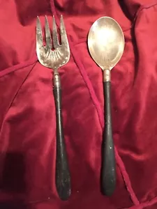 Antique Manning Bowman marked salad serving set spoon fork wood handle - Picture 1 of 7