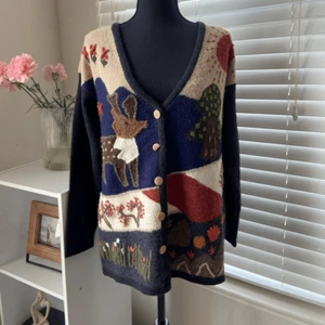 Vintage Folk Art Cardigan Sweater Women’s M Acrylic Deer Landscape Knit Holiday - Picture 1 of 9
