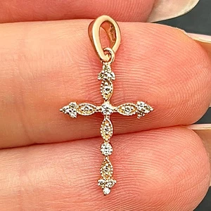 .08CTW Natural Diamond 10K Gold Yellow White Rose Milgrain Cross Pendant - Picture 1 of 13