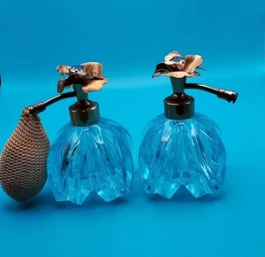 Vintage Irice Flower Rhinestone Top Perfume Bottles Aqua Blue Glass 3.25" - Picture 1 of 5