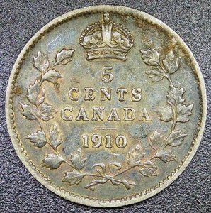 1910 5C Canadian Five Cents Silver - Picture 1 of 2