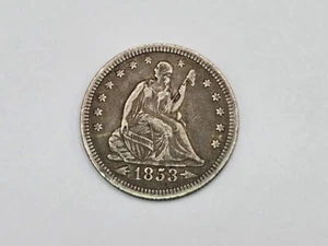 Cuarto de flechas y rayos de plata Liberty Seated 1853 extremadamente fino 20605 - Imagen 1 de 2