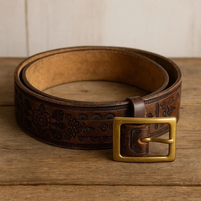 "Cinturón de cuero vintage tooled hebilla de latón marrón floral 1,75"" se adapta a 36-38" Foto 1 de 4