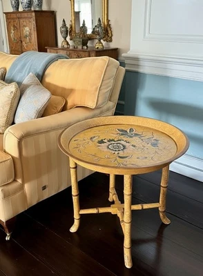 Vintage Faux Bamboo Chinoiserie Removable Tray Table Yellow Blue Wood Composite - Image 1 of 4