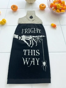 Halloween Hanging Dishtowel Fright This Way With Skeleton Hand and Spiders - Picture 1 of 6