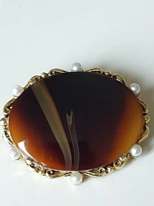 Vintage Chocolate Ribbon Agate Brooch Banded Gold Tone Faux Pearl Oval  - Picture 1 of 7