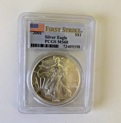 2001 PCGS MS68 FIRST STRIKE American Silver Eagle $1 MS 68 - Image 1 of 2